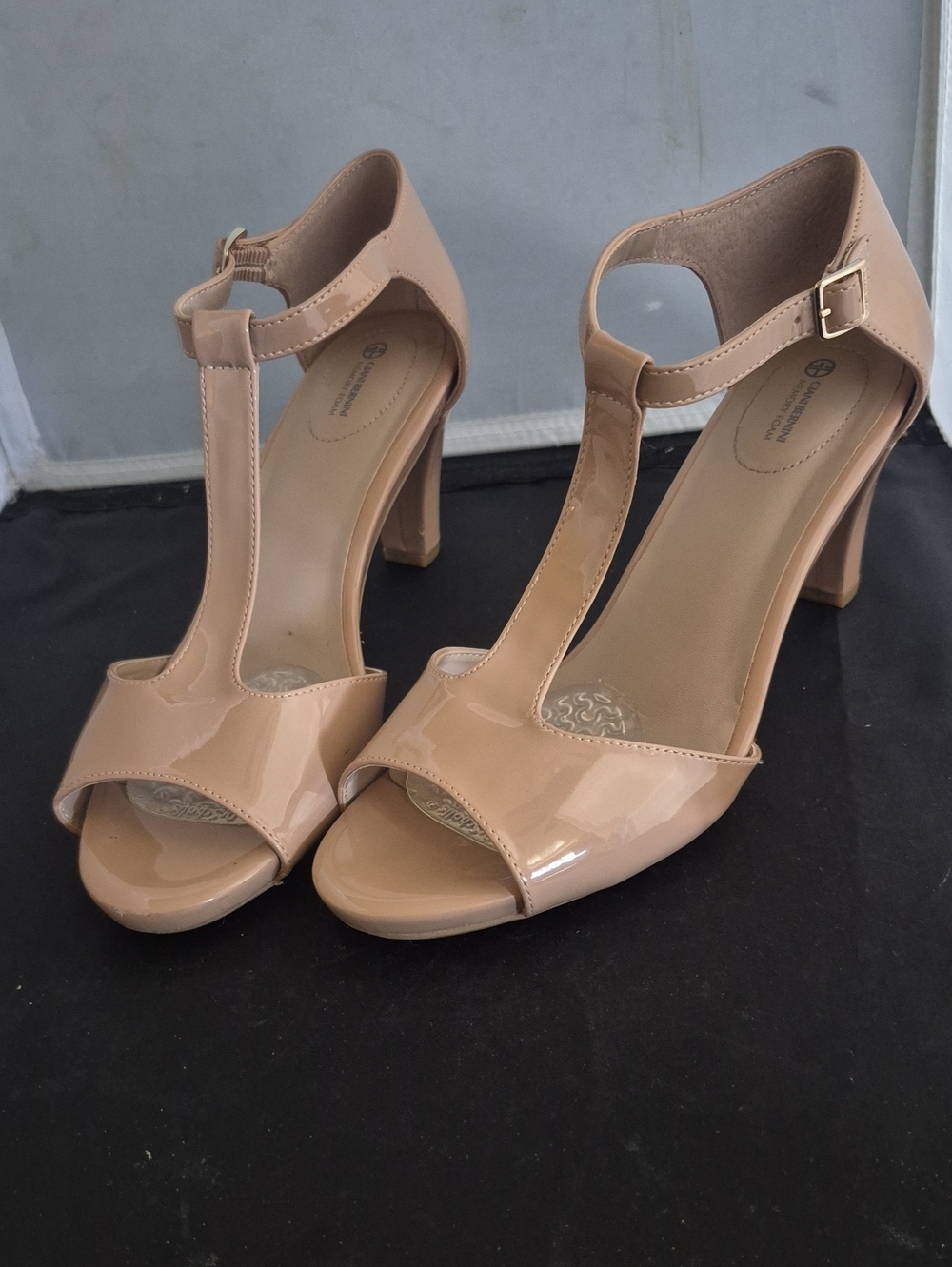 Giani Bernini Patent T-Strap Block Heel Sandals in Nude